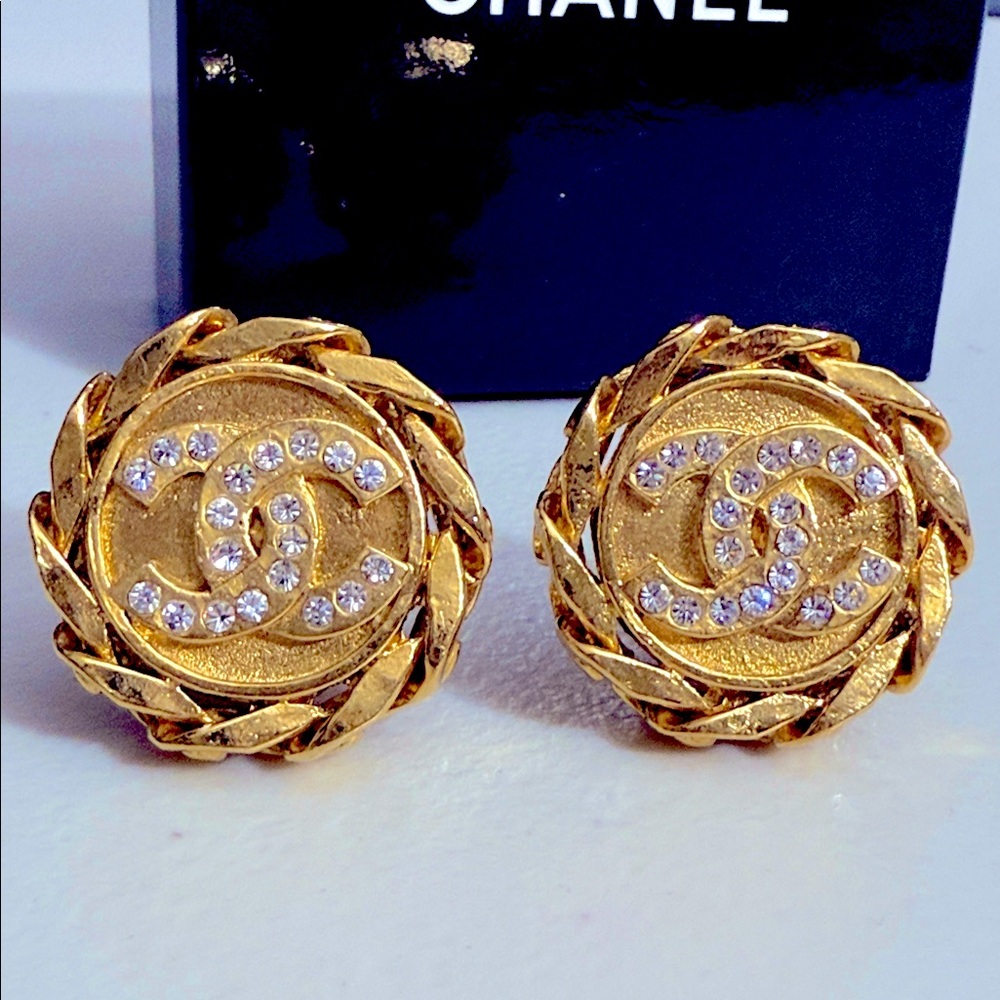 CHANEL 24K HUGE Gold plated Earrings with Crystals AUTHENTIC clip ons